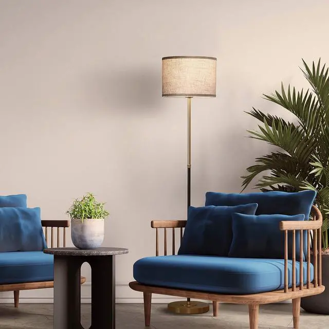 Alt view image 6 of 7 - Brightech Emery LED Floor Lamp, Mid-Century Standing Lamp for Bedroom Reading, Modern Lamp for Living Rooms & Offices, Great Living Room Décor, Tall Lamp with Drum Shade & Brass Finish