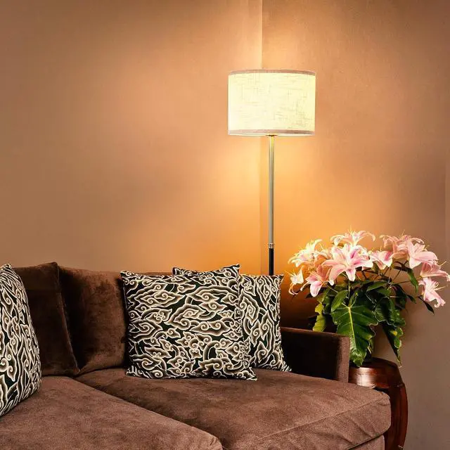 Alt view image 7 of 7 - Brightech Emery LED Floor Lamp, Mid-Century Standing Lamp for Bedroom Reading, Modern Lamp for Living Rooms & Offices, Great Living Room Décor, Tall Lamp with Drum Shade & Brass Finish