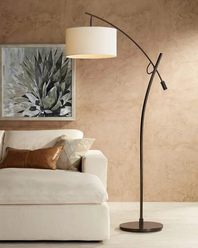 Alt view image 2 of 7 - Possini Euro Design Raymond Modern Arched Floor Lamp Standing 69" Tall Bronze Brown Metal Slim Profile Off-White Linen Drum Shade Adjustable Boom Arm for Living Room Reading House Family Bedroom
