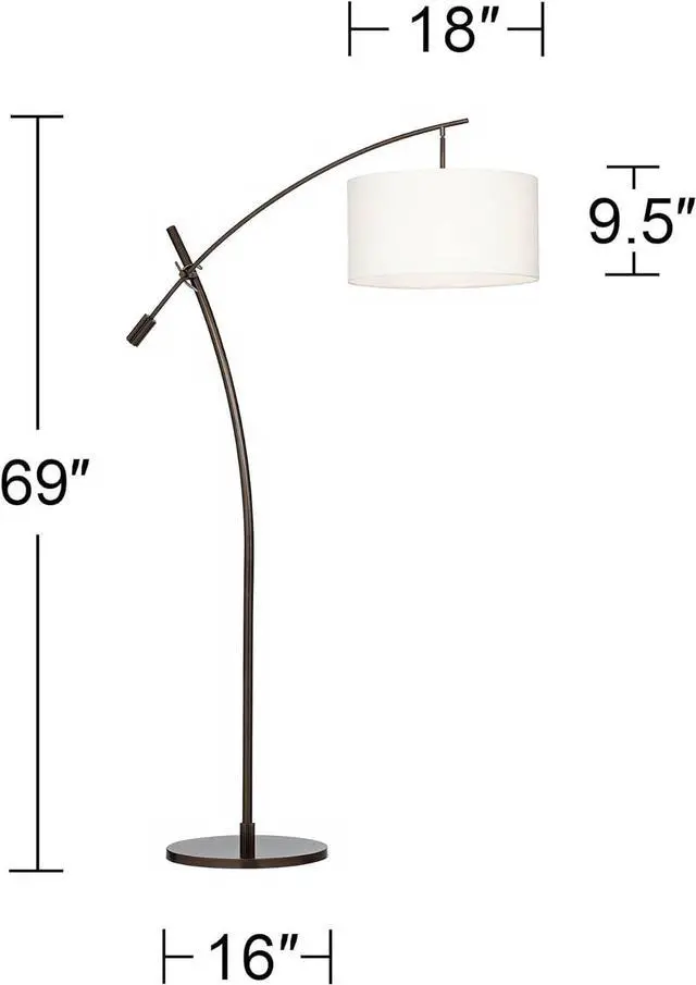 Alt view image 4 of 7 - Possini Euro Design Raymond Modern Arched Floor Lamp Standing 69" Tall Bronze Brown Metal Slim Profile Off-White Linen Drum Shade Adjustable Boom Arm for Living Room Reading House Family Bedroom