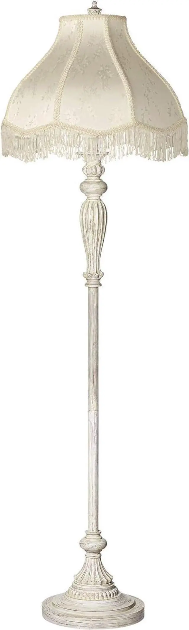 Alt view image 2 of 7 - 360 Lighting Traditional Vintage Shabby Chic Floor Lamp Standing 60" Tall Antique White Victorian Cream Scallop Fabric Dome Shade with Fringe Decor for Living Room Reading House Bedroom Home