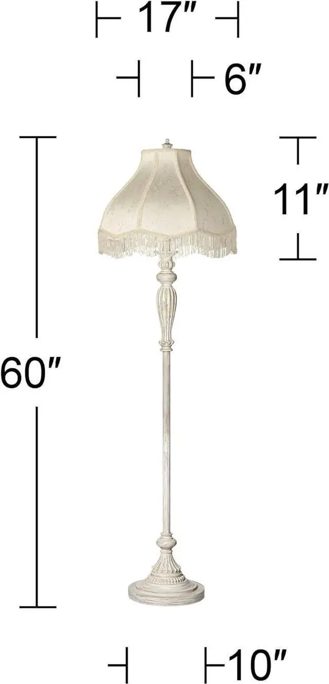 Alt view image 4 of 7 - 360 Lighting Traditional Vintage Shabby Chic Floor Lamp Standing 60" Tall Antique White Victorian Cream Scallop Fabric Dome Shade with Fringe Decor for Living Room Reading House Bedroom Home