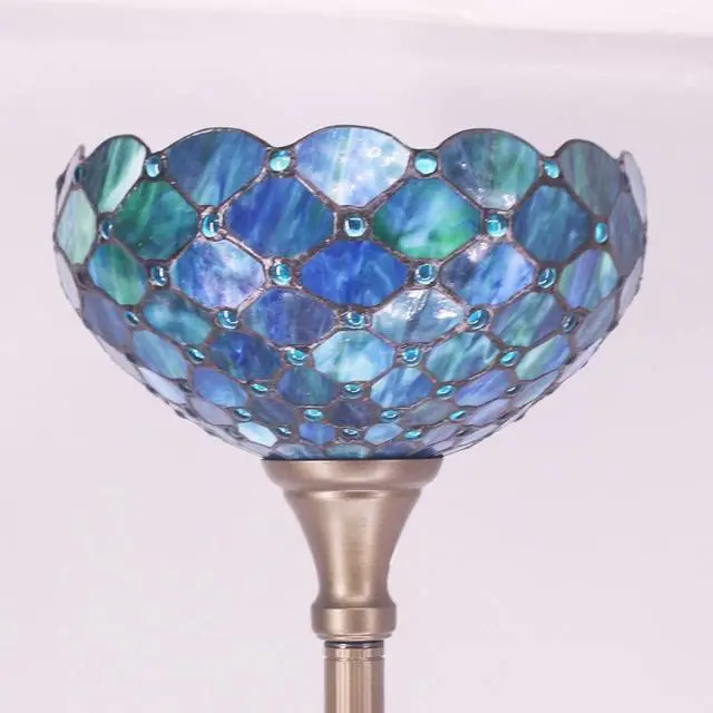 Alt view image 2 of 7 - Tiffany Floor Lamp Torchiere Stained Glass Torch Lamp 12X12X67 Inch Antique Standing Corner Light (Sea Blue Pearl)