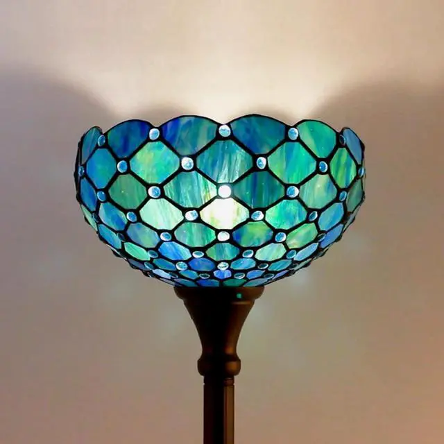 Alt view image 5 of 7 - Tiffany Floor Lamp Torchiere Stained Glass Torch Lamp 12X12X67 Inch Antique Standing Corner Light (Sea Blue Pearl)