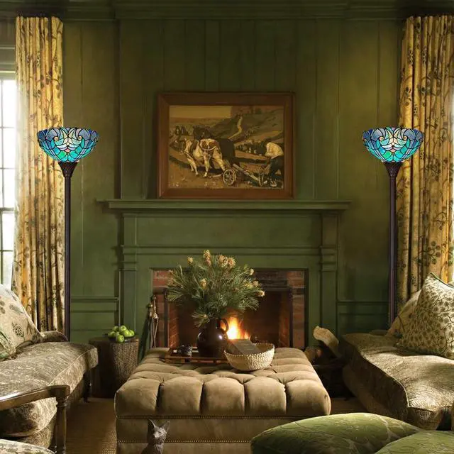 Alt view image 4 of 7 - Tiffany Torchiere Floor Lamp,Stained Glass Lamp Shade,Vintage Antique Victorian Round Tiffany Style Standing Light for Living Room and Bedroom
