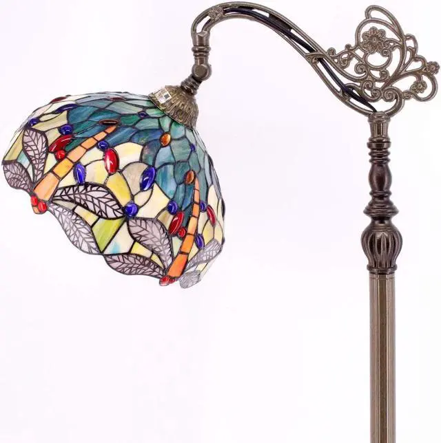 Alt view image 2 of 7 - WERFACTORY Tiffany Floor Lamp Sea Blue Yellow Stained Glass Dragonfly Arch Lamp 12X18X64 Inch Gooseneck Adjustable Corner Stand Reading Light Decor Bedroom Living Room S128 Series