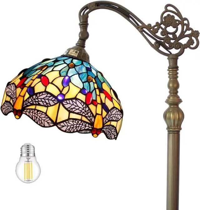 Alt view image 5 of 7 - WERFACTORY Tiffany Floor Lamp Sea Blue Yellow Stained Glass Dragonfly Arch Lamp 12X18X64 Inch Gooseneck Adjustable Corner Stand Reading Light Decor Bedroom Living Room S128 Series