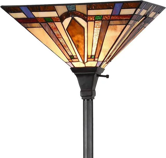 Main image of Tiffany Style Torchiere Floor Lamp Mission Stained Glass Shade 12"x 69" Tall Pole Vintage Antique Reading Light Fixture for Living Room Bedroom