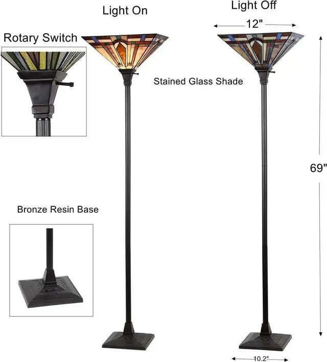 Alt view image 2 of 7 - Tiffany Style Torchiere Floor Lamp Mission Stained Glass Shade 12"x 69" Tall Pole Vintage Antique Reading Light Fixture for Living Room Bedroom