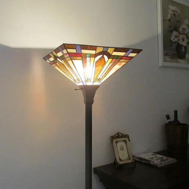 Alt view image 3 of 7 - Tiffany Style Torchiere Floor Lamp Mission Stained Glass Shade 12"x 69" Tall Pole Vintage Antique Reading Light Fixture for Living Room Bedroom
