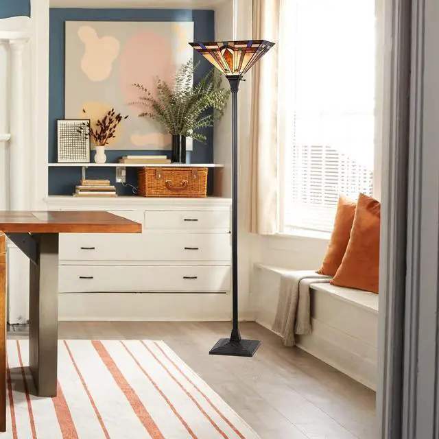 Alt view image 5 of 7 - Tiffany Style Torchiere Floor Lamp Mission Stained Glass Shade 12"x 69" Tall Pole Vintage Antique Reading Light Fixture for Living Room Bedroom