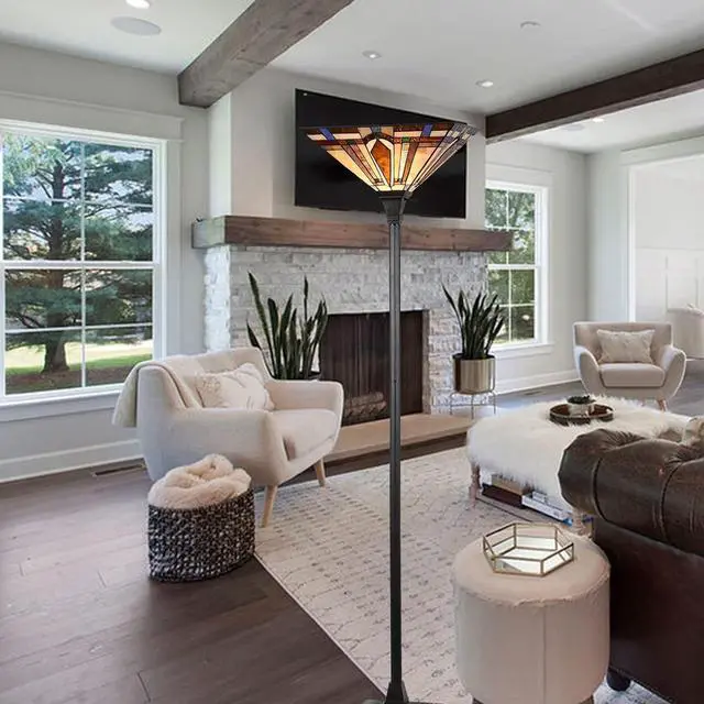 Alt view image 6 of 7 - Tiffany Style Torchiere Floor Lamp Mission Stained Glass Shade 12"x 69" Tall Pole Vintage Antique Reading Light Fixture for Living Room Bedroom