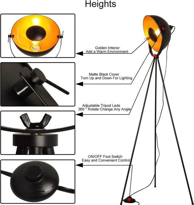 Alt view image 5 of 7 - Modern Industrial Tripod LED Satellite Floor Table Lamp - Vintage Adjustable Reading Standing Desk Light Deco - Movie Media Nautical Elegant Design Lighting for Living Room Bedroom(Black,E26 Base)