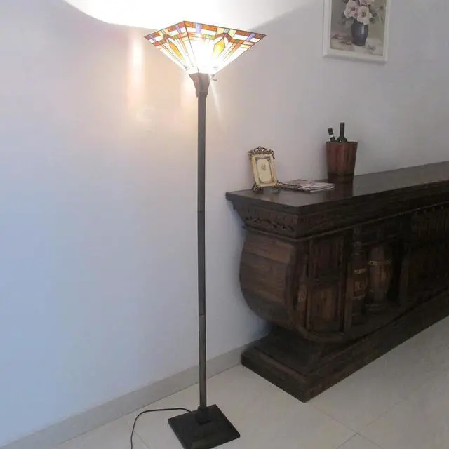 Alt view image 7 of 7 - Tiffany Style Torchiere Floor Lamp Mission Stained Glass Shade 12"x 69" Tall Pole Vintage Antique Reading Light Fixture for Living Room Bedroom