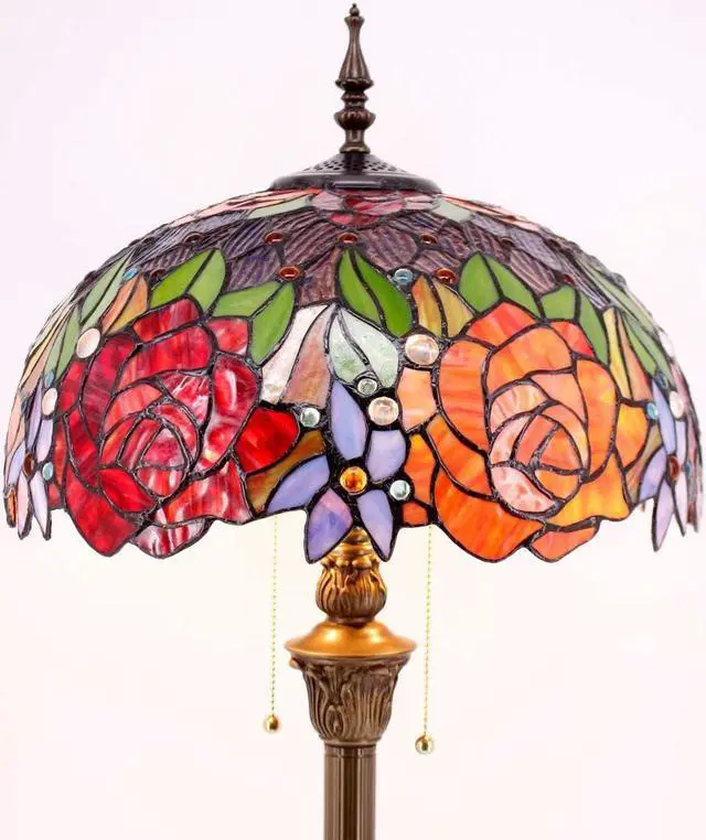Alt view image 2 of 7 - WERFACTORY Tiffany Floor Lamp Red Yellow Rose Stained Glass Standing Reading Light 16X16X64 Inches Antique Pole Corner Lamp Decor Bedroom Living Room Home Office S001 Series