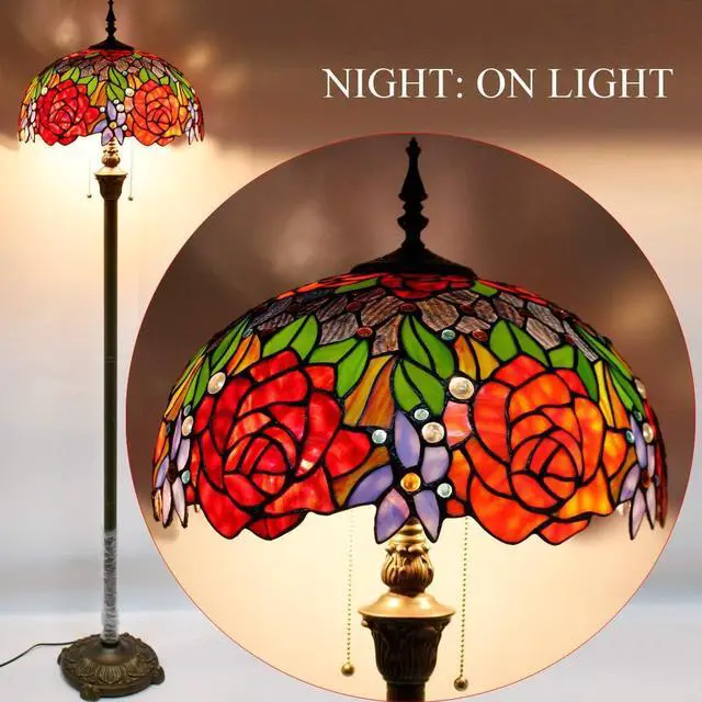 Alt view image 4 of 7 - WERFACTORY Tiffany Floor Lamp Red Yellow Rose Stained Glass Standing Reading Light 16X16X64 Inches Antique Pole Corner Lamp Decor Bedroom Living Room Home Office S001 Series
