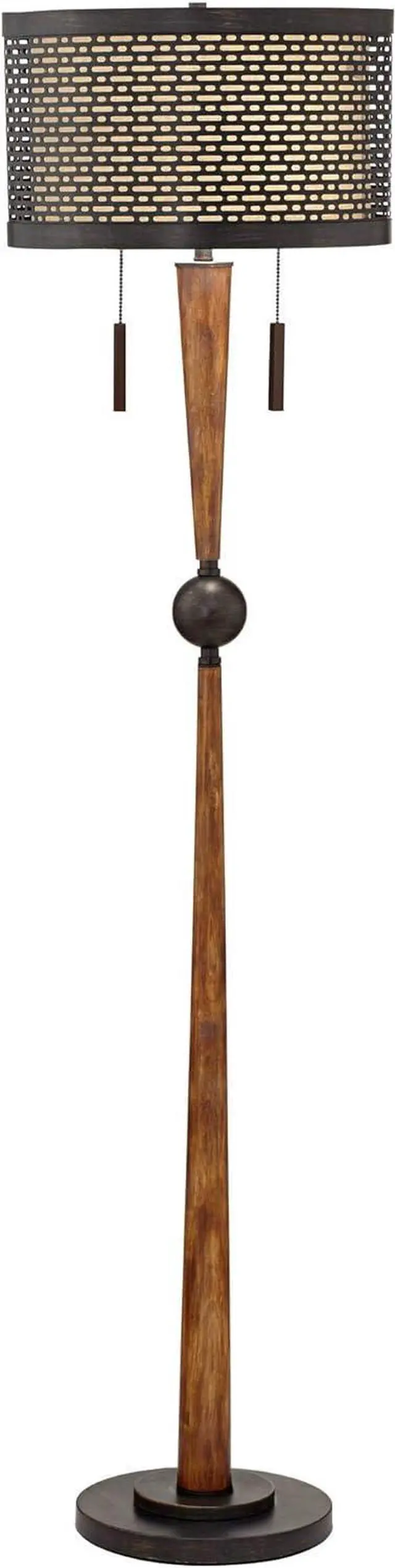Alt view image 2 of 7 - Franklin Iron Works Hunter Modern Mid Century Farmhouse Rustic Floor Lamp 64" Tall Bronze Cherry Wood Perforated Metal Cream Linen Double Drum Shade for Living Room Reading Bedroom Office House