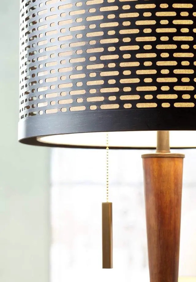 Alt view image 6 of 7 - Franklin Iron Works Hunter Modern Mid Century Farmhouse Rustic Floor Lamp 64" Tall Bronze Cherry Wood Perforated Metal Cream Linen Double Drum Shade for Living Room Reading Bedroom Office House