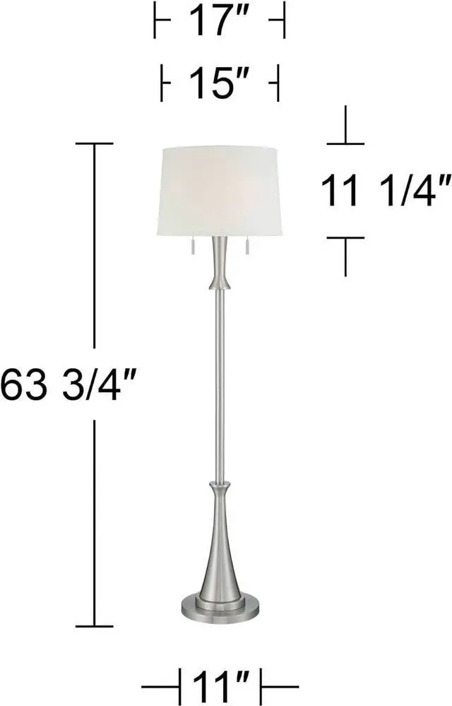 Alt view image 4 of 7 - 360 Lighting Karl Modern Industrial Floor Lamp Standing 63.75" Tall Brushed Nickel Silver Classic Metal White Tapered Drum Shade Decor for Living Room Reading House Bedroom Family Home