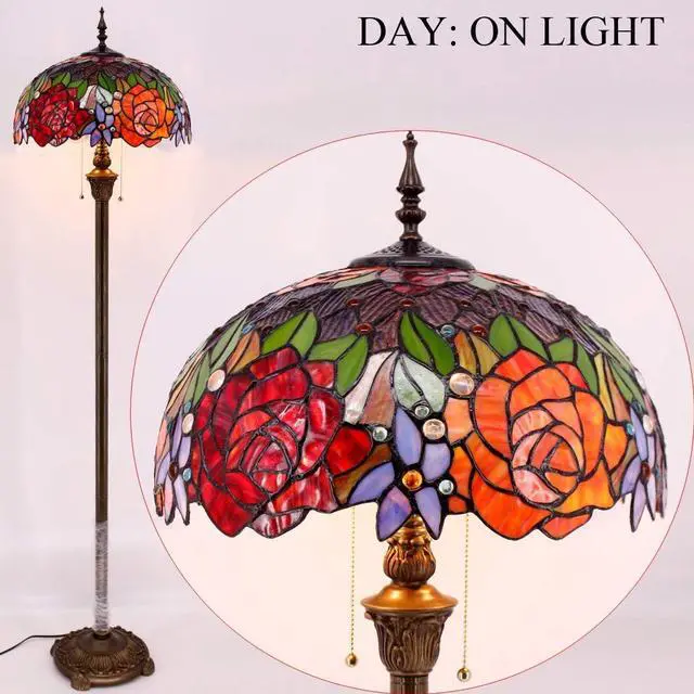 Alt view image 5 of 7 - WERFACTORY Tiffany Floor Lamp Red Yellow Rose Stained Glass Standing Reading Light 16X16X64 Inches Antique Pole Corner Lamp Decor Bedroom Living Room Home Office S001 Series