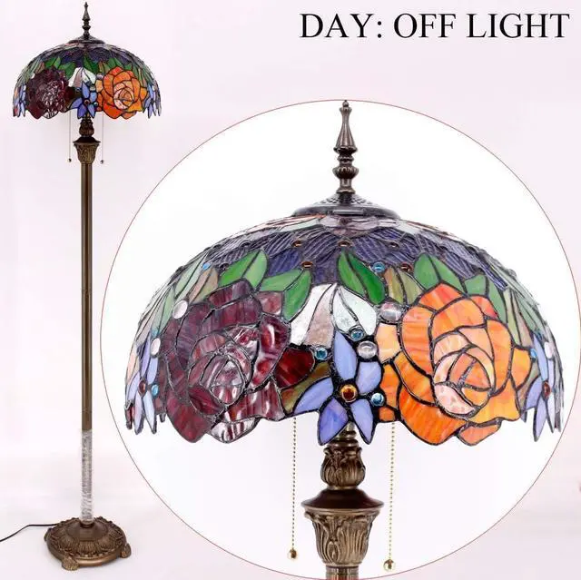 Alt view image 6 of 7 - WERFACTORY Tiffany Floor Lamp Red Yellow Rose Stained Glass Standing Reading Light 16X16X64 Inches Antique Pole Corner Lamp Decor Bedroom Living Room Home Office S001 Series