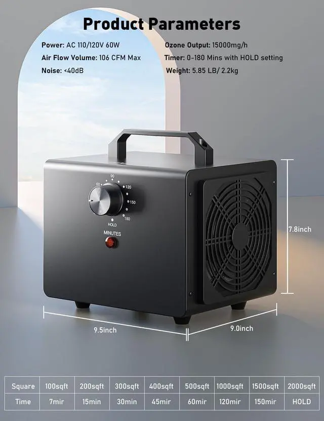 Alt view image 6 of 7 - [Strong Ozone 2000 Sq Ft] Ozone Machine Odor Removal 15000mg/h, Ozone Generator Odor Eliminator for Home, Ozone Odor Eliminator, Ionizer Air Purifier Ozone for Home, Car, Smoke, and Pet Room - Black