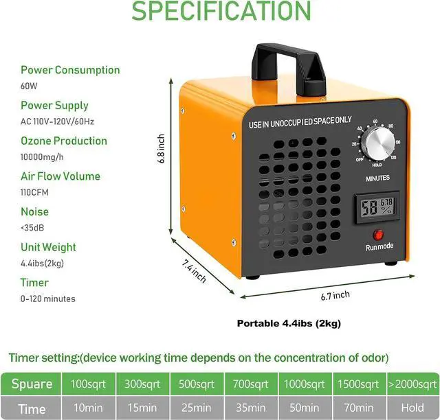 Alt view image 2 of 7 - Ozone Generator 10000 mg/hr Commercial Ozone Machine Portable Ozone Odor Eliminator Odor Removal Deodorizer Ozonator Ionizer, for Home Cars and Pets