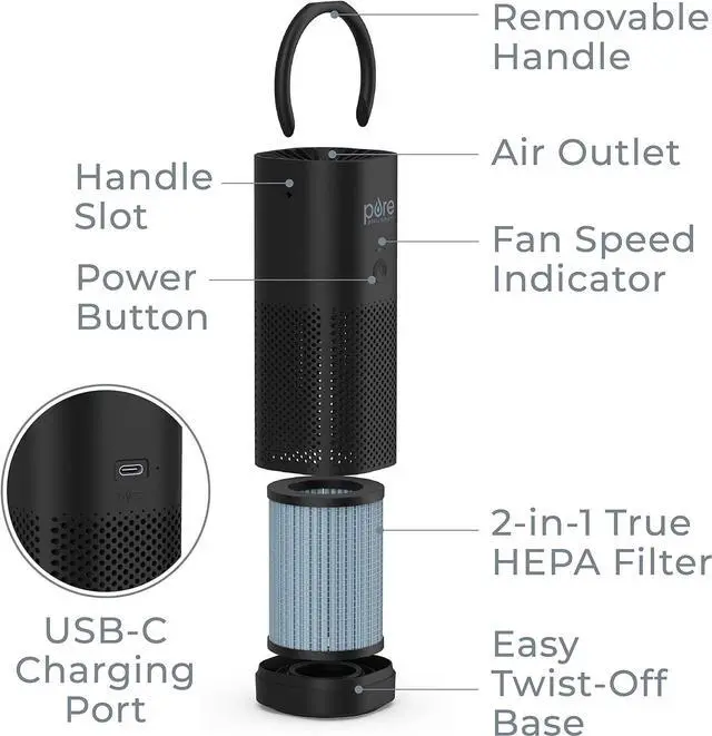 Alt view image 6 of 7 - Pure Enrichment® PureZone Mini Portable Air Purifier - Cordless True HEPA Filter Cleans Air & Eliminates 99.97% of Dust, Odors, & Allergens Close to You - Cars, School, & Office (Black)