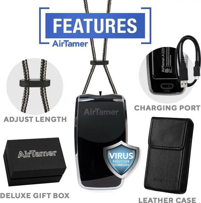Alt view image 2 of 7 - AirTamer A320 Rechargeable Personal Air Purifier, Proven Performance, Virus and Pollutant Tested*, Black with Leather Travel Case