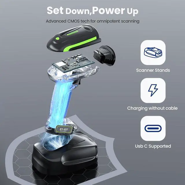 Alt view image 5 of 7 - Eyoyo 2D QR Industrial Barcode Scanner with Wireless Charging Stand, Rugged Heavy Duty & IP65 Waterproof 3-in-1 Bluetooth &Wireless&USB Hands-Free Barcode Reader for Laptop Desktop Tablet Android