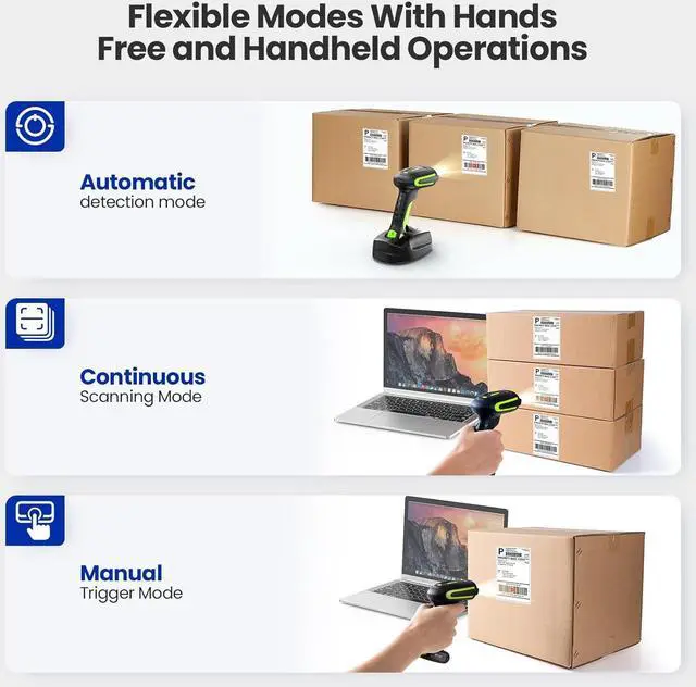 Alt view image 7 of 7 - Eyoyo 2D QR Industrial Barcode Scanner with Wireless Charging Stand, Rugged Heavy Duty & IP65 Waterproof 3-in-1 Bluetooth &Wireless&USB Hands-Free Barcode Reader for Laptop Desktop Tablet Android