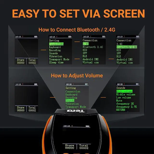 Alt view image 2 of 7 - Barcode Scanner Wireless with Screen: Pro Version 1D 2D QR with Setting Keypad Charging Cradle Works with Bluetooth 2.4G Wireless USB Wired Handheld Bar Code Reader HW0009