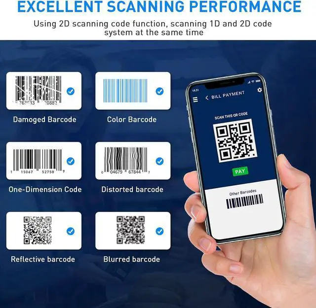 Alt view image 5 of 7 - Bluetooth Barcode Scanner,Jrhc Mini 2D Portable Wireless Barcode Scanner 3-in-1 Bluetooth & 2.4G Wireless & Wired Connection Barcode Reader Compatible with iOS, Android, Windows, Mac Tablets Or PC