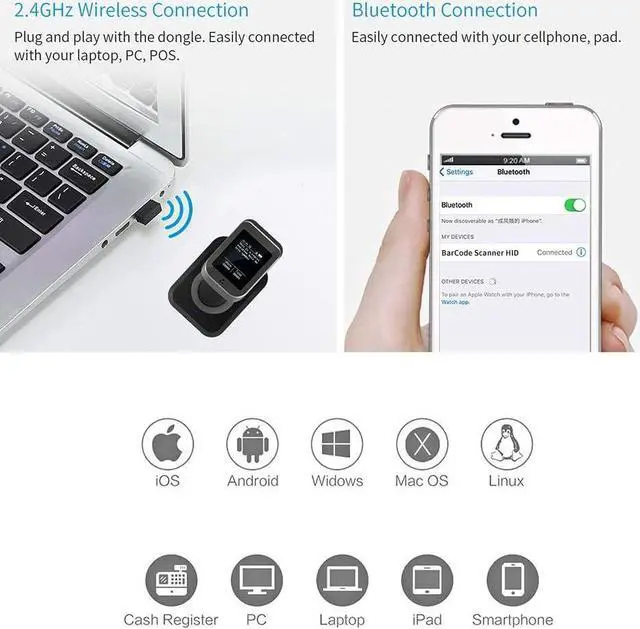 Alt view image 4 of 7 - 2D QR Bluetooth Barcode Scanner with Screen Display with Charging Base,3 in 1 Compatible with Bluetooth & 2.4GHz Wireless & Wired Connection with 1.8 inch TFT Color LCD Screen