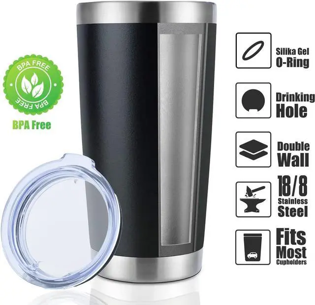Alt view image 2 of 7 - DOMICARE 20oz Stainless Steel Tumbler Bulk with Lid, Double Wall Vacuum Insulated Travel Mug, Powder Coated Coffee Cup, Powder Black, 1 Pack