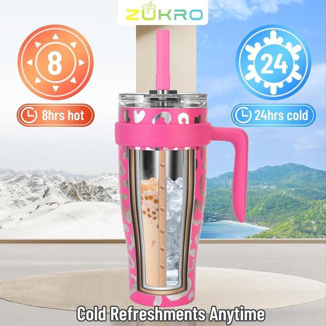 Zukro 40 oz Glass Tumbler with Handle, Reusable Water Tumbler With Straw  and Lid and Time