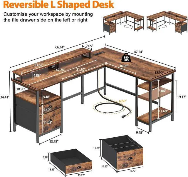 Alt view image 3 of 7 - Furologee 66 L Shaped Desk with Power Outlet, Reversible Computer Desk with File Drawer & 2 Monitor Stands, Home Office Desk with Storage Shelves, Corner Desk for Gaming Writing, Rustic Brown