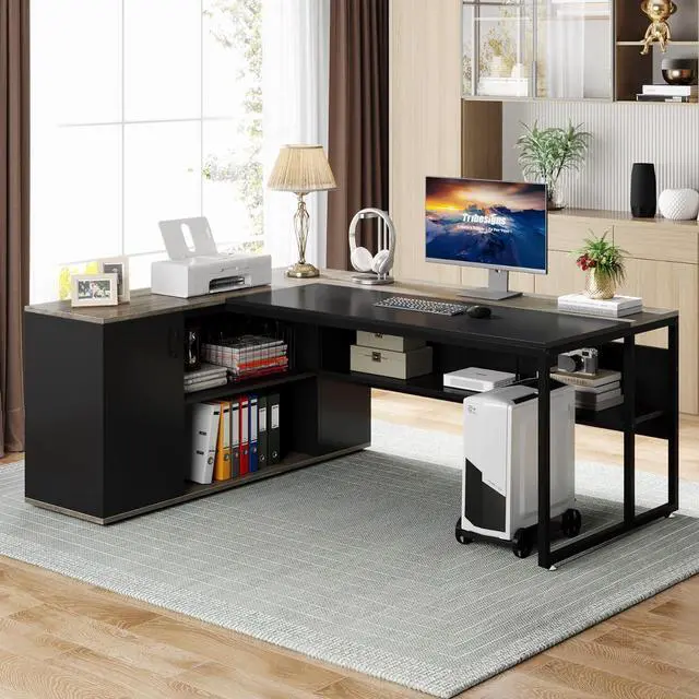Alt view image 4 of 7 - Tribesigns 71 inch Executive Desk, L Shaped Desk with Cabinet Storage, Executive Office Desk with Shelves, Business Furniture Desk Workstation for Home Office, Gray