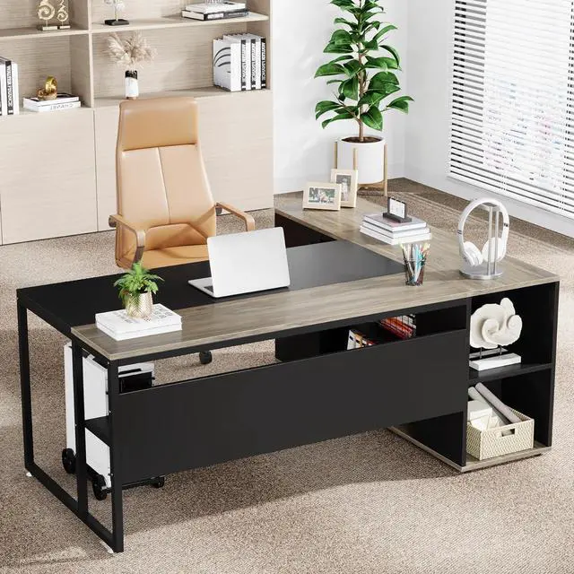 Alt view image 5 of 7 - Tribesigns 71 inch Executive Desk, L Shaped Desk with Cabinet Storage, Executive Office Desk with Shelves, Business Furniture Desk Workstation for Home Office, Gray
