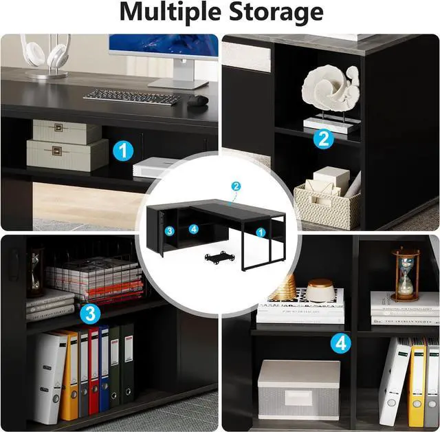 Alt view image 6 of 7 - Tribesigns 71 inch Executive Desk, L Shaped Desk with Cabinet Storage, Executive Office Desk with Shelves, Business Furniture Desk Workstation for Home Office, Gray