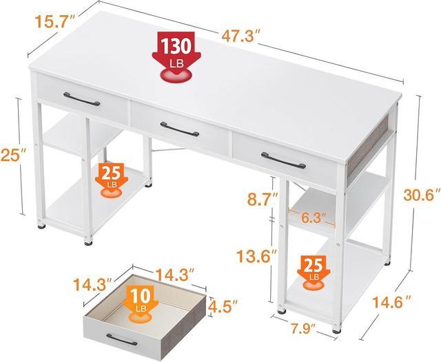 ODK Office Small Computer Desk: Home Table with Fabric Drawers & Storage  Shelves, Modern Writing Desk, Black, 48x16