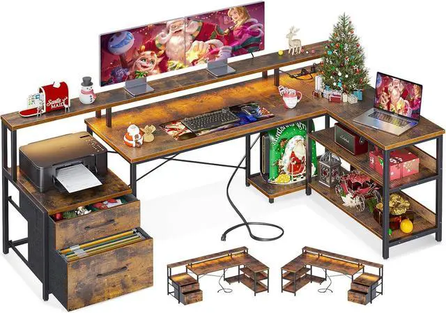 Main image of ODK L Shaped Desk with File Drawer, 75" Reversible L Shaped Computer Desk with Power Outlet & LED Strip, Office Desk with Storage Shelves, Gaming Desk with Monitor Shelf, Corner Desk, Vintage