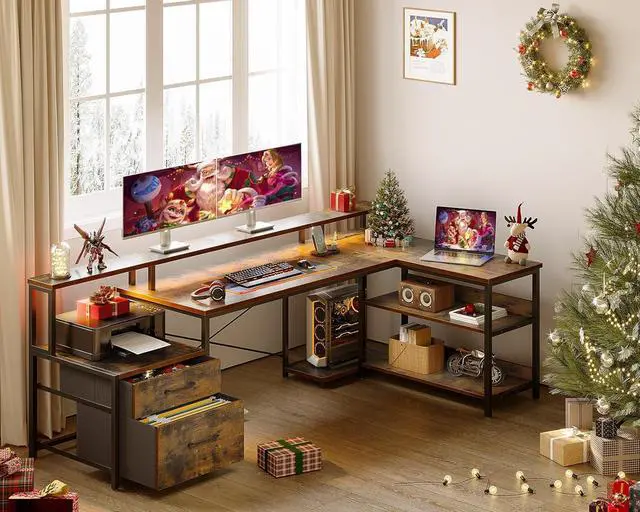 Alt view image 2 of 7 - ODK L Shaped Desk with File Drawer, 75" Reversible L Shaped Computer Desk with Power Outlet & LED Strip, Office Desk with Storage Shelves, Gaming Desk with Monitor Shelf, Corner Desk, Vintage