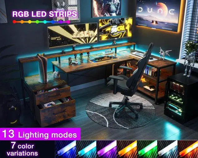 Alt view image 5 of 7 - ODK L Shaped Desk with File Drawer, 75" Reversible L Shaped Computer Desk with Power Outlet & LED Strip, Office Desk with Storage Shelves, Gaming Desk with Monitor Shelf, Corner Desk, Vintage