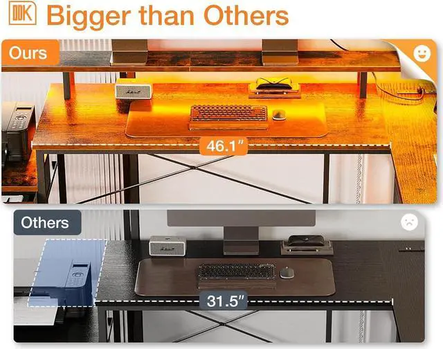 Alt view image 6 of 7 - ODK L Shaped Desk with File Drawer, 75" Reversible L Shaped Computer Desk with Power Outlet & LED Strip, Office Desk with Storage Shelves, Gaming Desk with Monitor Shelf, Corner Desk, Vintage