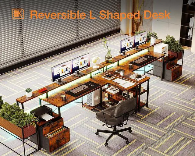 Alt view image 7 of 7 - ODK L Shaped Desk with File Drawer, 75" Reversible L Shaped Computer Desk with Power Outlet & LED Strip, Office Desk with Storage Shelves, Gaming Desk with Monitor Shelf, Corner Desk, Vintage