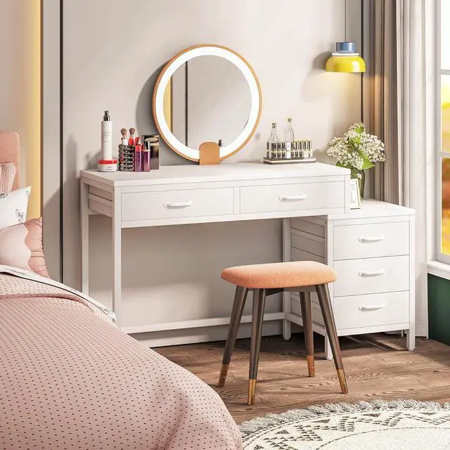 Alt view image 5 of 7 - Tribesigns Computer Desk with 5 Drawers, Home Office Desks with Reversible Drawer Cabinet Printer Stand, Industrial PC Desk with Storage, White Study Writing Table Workstation for Small Spaces