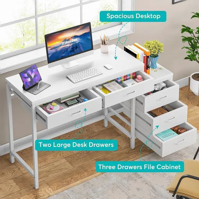 Alt view image 6 of 7 - Tribesigns Computer Desk with 5 Drawers, Home Office Desks with Reversible Drawer Cabinet Printer Stand, Industrial PC Desk with Storage, White Study Writing Table Workstation for Small Spaces