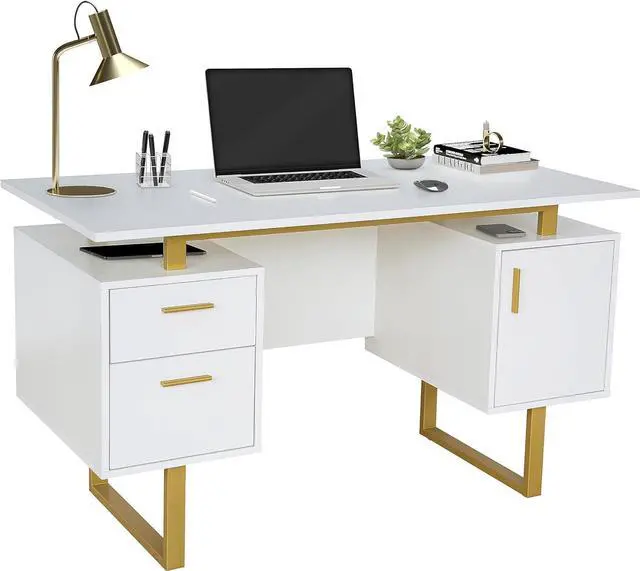 Main image of Techni Mobili Storage Drawers and Cabinet 51.25 W-Modern Office Large Floating Desktop Surface Desk, 23.6" D x 51.2" W x 29.8" H, White/Gold
