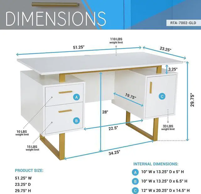 Alt view image 3 of 7 - Techni Mobili Storage Drawers and Cabinet 51.25 W-Modern Office Large Floating Desktop Surface Desk, 23.6" D x 51.2" W x 29.8" H, White/Gold